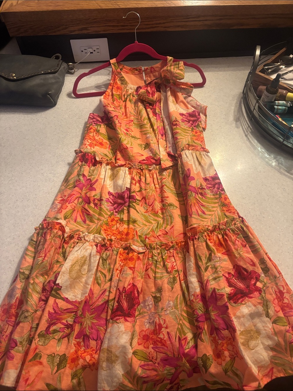 Vince Camuto Peach Floral Tie-Neck Tiered Dress